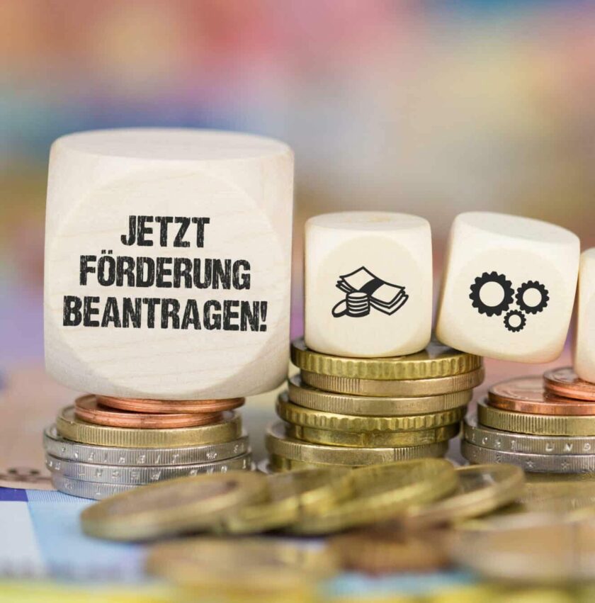 Auf dem Bild sind Wuerfel mt der Aufschrift " Fördermittel jetzt beantragen" abgebildet. Die Würfel liegen auf Geldmünzen.