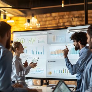 Meeting, web development and whiteboard with business people in office for feedback or review. Data, graphs and statistics with creative employee group in workplace for planning, strategy or vision