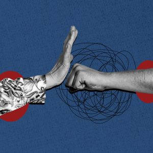 Composite trend artwork sketch image photo collage of abuse harassment victim violence incognito two hand gesture fist attack stop.