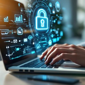 Online Security and Data Protection on Laptop, Cybersecurity and Secure Communication, Laptop with Digital Security Icons Overlay