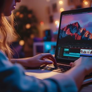 Young girl works at laptop with media files. Video editing process using audio and video files